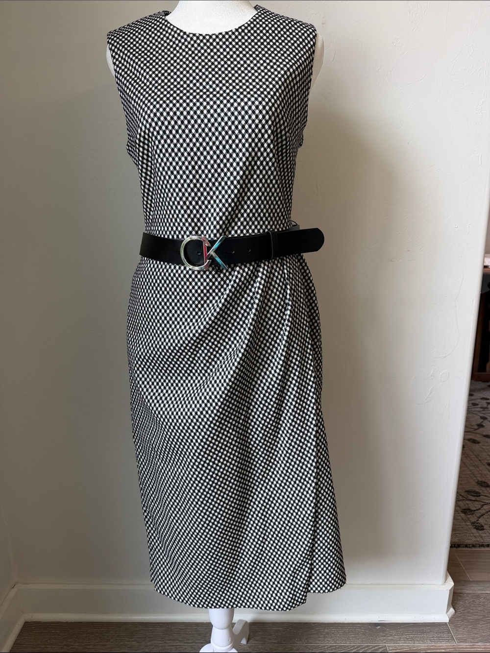Calvin Klein Black and White Sleeveless Checked Midi Dress